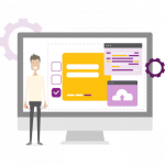 Illustration of a person standing next to a computer monitor displaying colorful UI design elements, including yellow forms, checkboxes, a purple cloud upload icon, and coding windows. Purple gears are in the background.