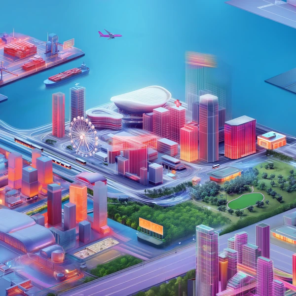 A vibrant, futuristic cityscape showcases colorful skyscrapers and a ferris wheel, while efficient portfolio management reflects in organized parks, waterways with ships, and a flying airplane below a bright blue sky.
